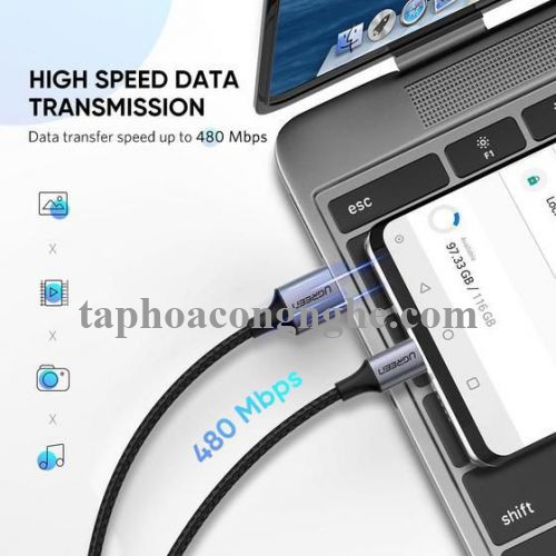 Ugreen 60409 3M Qc3.0 usb type c 2.0 Cáp sạc và dữ liệu từ máy tính ra điện thoại đầu nhôm xám US288 30060409